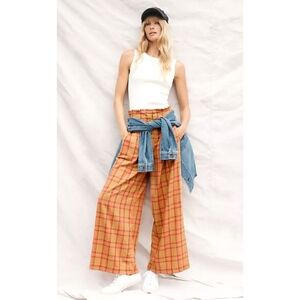 Anthropologie Maeve Albane Wide Leg Pants Plaid High Waisted Palazzo Orange Pink